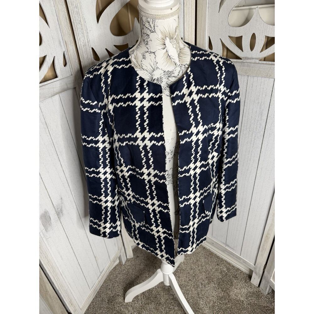 Pendleton Jacket Womens Blue White Plaid Open Silk Career Blazer Jacket Sz 16